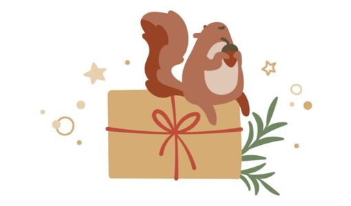  Ein niedliches Eichhörnchen sitzt auf einem Geschenk mit Schleife. 