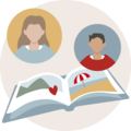 Illustration eines offenen Fotobuchs mit zwei Personen. Eine hat braune Haare und trägt ein blaues Oberteil, die andere hat schwarze Haare und trägt ein rotes Oberteil. Im Fotobuch sind eine Landschaft mit einem Herz und ein Strand mit einem Sonnenschir