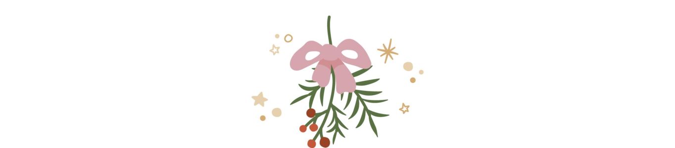  Illustration eines Mistelzweigs mit rosa Schleife und roten Beeren, umgeben von goldenen Sternen 